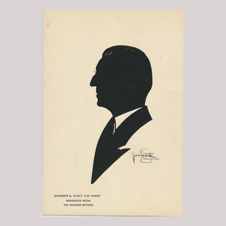 
        Front of silhouette, with man looking left, in suit, with stamp with the name of the artist.